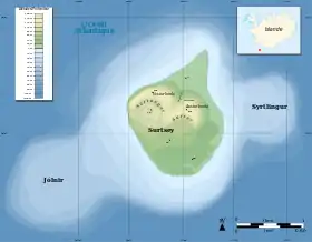 Carte de Surtsey, de Syrtlingur et de Jólnir.