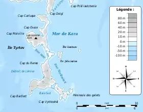 Carte de l'île Jeleznakov, à l'est de l'île Tyrtov.