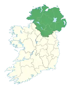 Carte représentant l'Ulster en Irlande, occupant la partie nord de l'île.