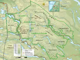 Carte de la réserve naturelle de Vindelfjällen avec le massif à l'ouest.