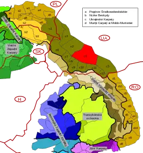 Carte de localisation des Gorgany (C4 en rouge) au sein des Carpates orientales extérieures (brun à jaune-ocre).