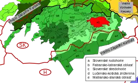 Carte des subdivisions des Carpates occidentales intérieures avec les monts de Volovec en rouge.