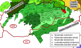 Carte des subdivisions des Carpates occidentales intérieures avec le massif de Čierna hora en rouge.