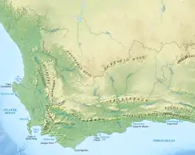 Carte topographique du Cap-Occidental avec les monts Outeniqua au sud-est.