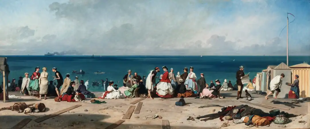 Eugène Le Poittevin, Les Bains de Mer, Plage d’Étretat, 63 × 149,4 cm, huile sur toile, 1864.