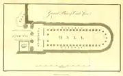 Plan (1811) du chaitya de Karli. On voit les trois nefs et l'abside avec le stûpa.