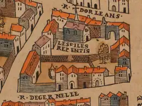 Plan de Truchet et Hoyau dit plan de Bâle (vers 1550, publié en 1553) : Filles Repenties, hôtel d'Orléans.