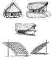 Dessin figurant cinq types de construction en bois.