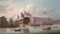 HMS St Albans (en) au Deptford DockyardDeptford Dockyard, 1747. Le nouveau navire de guerre arbore le drapeau de l'Amirauté, l'étendard royal, un Union Flag, et un Red Ensign à l'arrière. Un Union Flag flotte du mât à terre. (John Cleveley l'Ancien (en), National Maritime Museum).