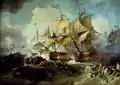 « Lord Howe's action, or the Glorious First of June » par Philippe-Jacques de Loutherbourg : HMS Queen Charlotte, navire amiral de Richard Howe