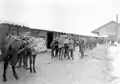 Des troupes du régiment d'infanterie de montagne 5 bâtant des chevaux à la gare d'Aigle en 1914-1918.