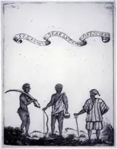 Trois personnages sont sur l'image. Le premier, à gauche, porte une défense d'éléphant. Le second au centre porte une toge, tient un arc et un panier, ce qui est une tenue de chasseur. Le troisième, probablement européen, porte des vêtements de marchands portugais ainsi qu'une épée fine.