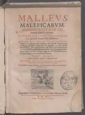 Page de titre du traité de démonologie nommé Malleus Maleficarum présentant le dieu Hermès en gravure.