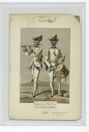 Fifre et tambour du régiment Hoch- und Deutschmeister de la monarchie de Habsbourg vers 1741-1756, dessin de H. J. Vinkhuijzen (1843-1910).