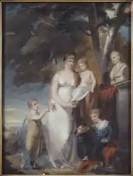 La reine Frédérique avec ses enfants Gustave, Sophie de Suède, et Amélie, sur la droite, on peut voir un buste du fils de la reine Charles-Gustave, mort en 1805, vers 1807