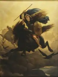 Peinture représentant une femme en armure à dos de cheval