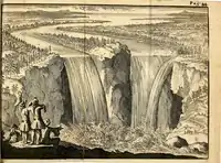Saut ou chute d'eau de Niagara, qui se voit entre le Lac Ontario, & le Lac Érié, 1698. Le père Hennepin devant les chutes du Niagara - Gravure extraite de Nouvelle découverte d'un très grand pays situé dans l'Amérique entre le Nouveau-Mexique et la mer glaciale