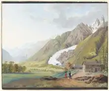 Représentation artistique de deux personnages proches d'une grange, en fond, un glacier descend jusque dans la vallée.
