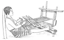 Dessin figurant une femme à demi allongée appuyée sur un poteau avec un métier à tisser.