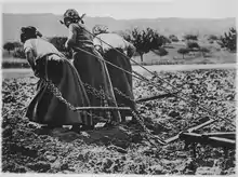 Trois femmes tirant une charrue pour labourer le sol.