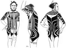 Dessin en noir et blanc figurant des tatouages à figures géométriques sur la presque totalité du corps d'un homme.