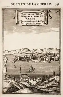 Gravure représentant l'entrée du port, les quais et les bateaux, vus du sud de la ville.
