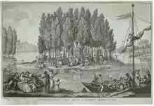 Gravure représentant Rousseau sortant de son tombeau sur l'île des Peupliers.