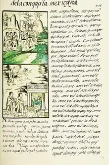 Manuscrit écrit en nahuatl avec illustrations représentant l'armée de Cortès.