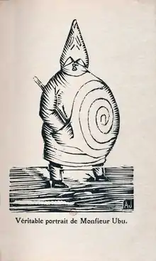 Personnage en forme de poire, à grandes moustaches, badine sous le bras, mains dans les poches de sa blouse. Une grande spirale figure sur son énorme ventre.