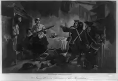 Gravure montrant une femme armée d'un fusil menaçant trois soldats anglais.