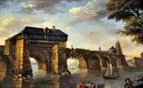 Le Pont d'Eudes (et les restes de sa Bastille) avant sa destruction, avec son arche emportée par la crue de 1755 (Rougeot)