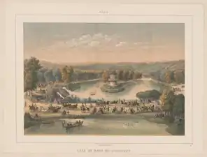 Le lac Supérieur et le lac Inférieur avec le kiosque de l'Empereur. Peinture de Charles Rivière (années 1870).