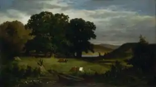 Une peinture à l'huile pastorale avec un petit étang au premier plan, avec des vaches qui paissent à proximité. Un homme marche sur un chemin vers l'étang, avec des avirons portés sur son épaule. Un bosquet de chênes assombrit le centre et le côté gauche de l'arrière-plan, tandis que plus loin à droite, un autre plan d'eau et des collines sont visibles.