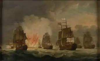 The Moonlight Battle: the Battle off Cape St Vincent, 16 January 1780, tableau de 1781 par Thomas Luny (1759–1837), Royal Maritime Museum de Greenwich : l'explosion du Santo Domingo.