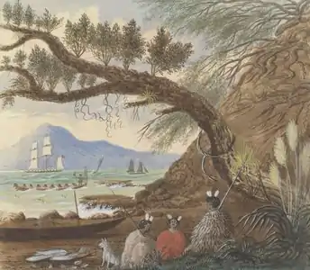 Vue près d' Auckland : Trois Maoris et un chien (1860).