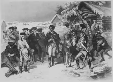 Quartiers d'hiver de George Washington à Valley Forge pendant la guerre d'indépendance des États-Unis, gravure  de William Henry Powell, v. 1931-1932.