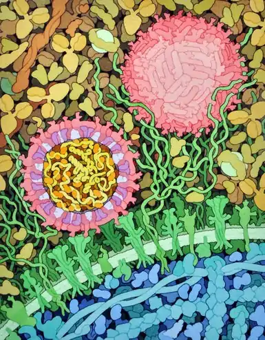 Coupe d'un virion de virus Zika (à gauche) montrant les protéines d'enveloppe E représentées en rouge et les protéines de membrane M en magenta incluses dans la membrane lipidique en violet et interagissant avec les récepteurs membranaires à la surface des cellules en vert. Dans la capside, le génome d'ARN en jaune est lié aux protéines de capside C en orange.