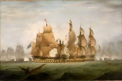 Peinture anonyme du début XIXe siècle montrant le même épisode avec le HMS Captain au premier plan : les pavillons anglais flottant au-dessus des pavillons espagnols indiquent que les deux navires espagnols sont désormais capturés.