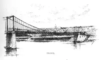 Pont suspendu de Triel, dessin d'Auguste Chapon (XIXe siècle).