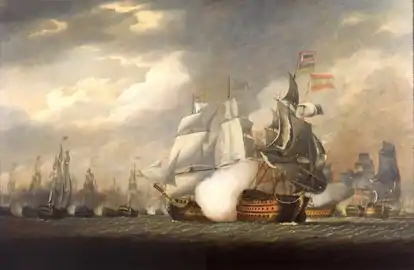 Le HMS Victory (à gauche, 100 canons) étrillant le navire espagnol Salvador del  Mundo (à droite, 112 canons) le 14 février 1797, et lui faisant amener son pavillon  (début de l'action). Tableau de Robert Cleveley (1747–1809), daté de 1798.