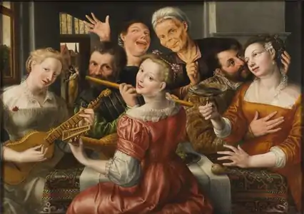 Peinture. Dans un intérieur, un groupe d'homme et de femmes jouent avec des instruments de musique autour d'une table