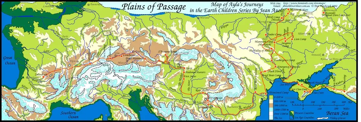 Carte des voyages d'Ayla (volumes 1 à 5), par Don Hitchcock.