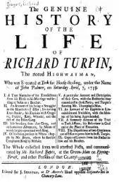 Page de titre d’un ouvrage, s’intitulant The Genuine History of the Life of Dick Turpin (Histoire authentique de la vie de Dick Turpin).