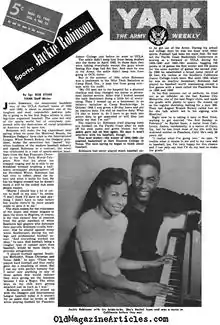 Photographie en noir et blanc de Jackie Robinson avec sa future épouse, Rachel Isum, en 1945, dans un article de presse