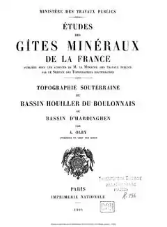Couverture en noir et blanc de l'ouvrage d'Albert Olry intitulé Topographie souterraine du bassin houiller du Boulonnais ou bassin d'Hardinghen, publié en 1904. Cliquer sur la couverture permet d'accéder à l'ouvrage au format pdf.