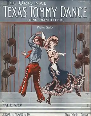 Couverture de partition musicale montrant des danseurs dansant le Texas Tommy, illustrée par Walter P. Starmer (en) (1914).