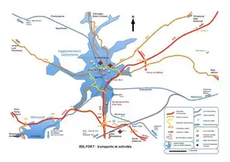 carte présentant les transports et zones d'activités principales de l'agglomération belfortaine